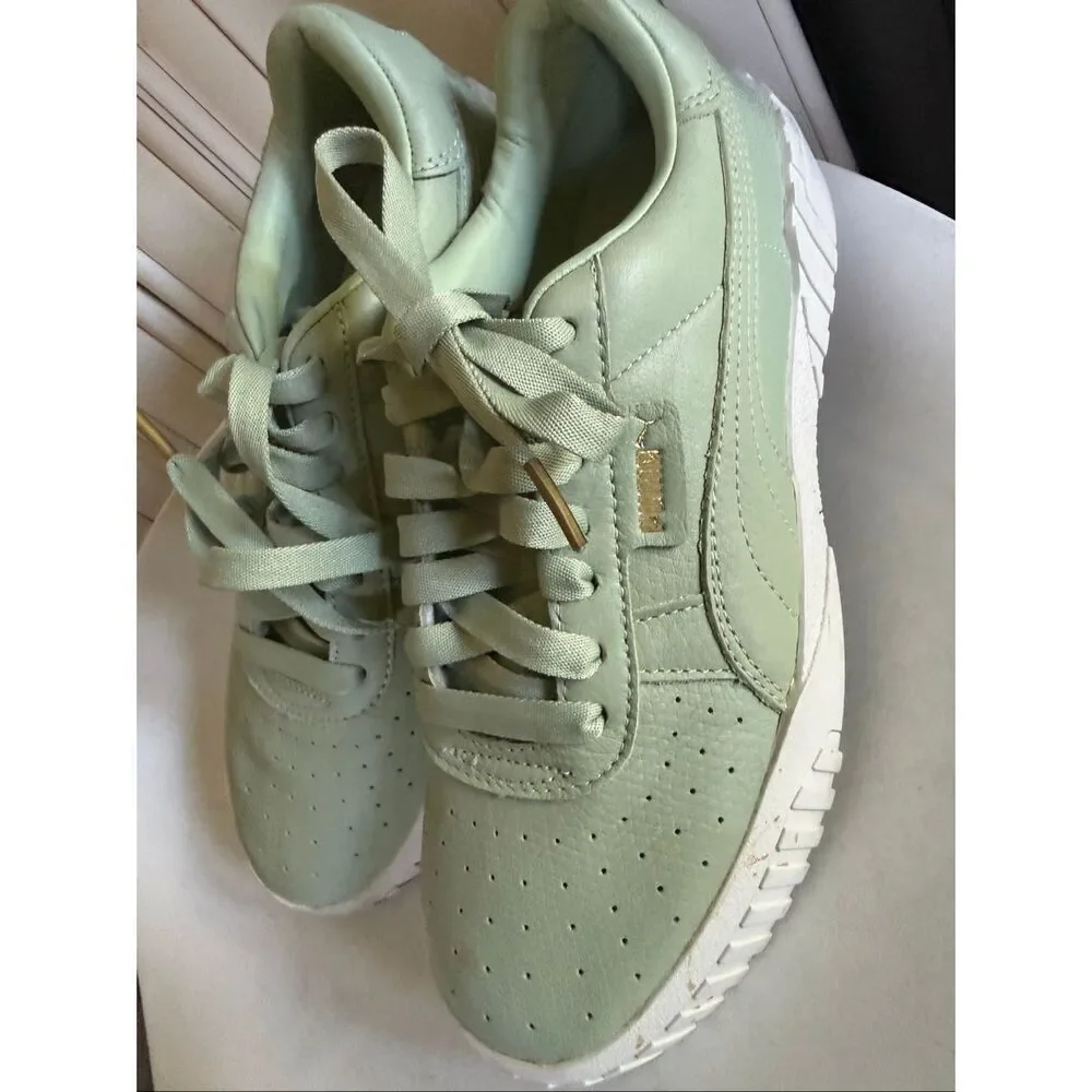 PUMA Women's Cali Emboss Leather Street Sneakers Shoes Smoke Green Size 9